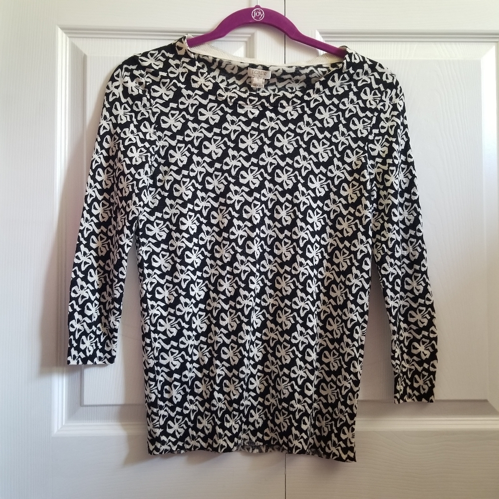 J.Crew Women's Sweater Small Black Beige 100% Merino Wool Bows 3/4 Sleeve